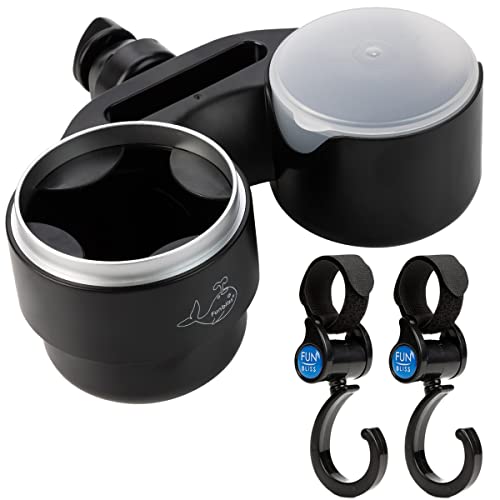 Funbliss Baby Stroller Parent Cup Holders - 4 in 1 Multifunctional Stroller Snack Tray with Phone Holder & Bonus Hooks - Removable Stroller Tray & Drink Holder,