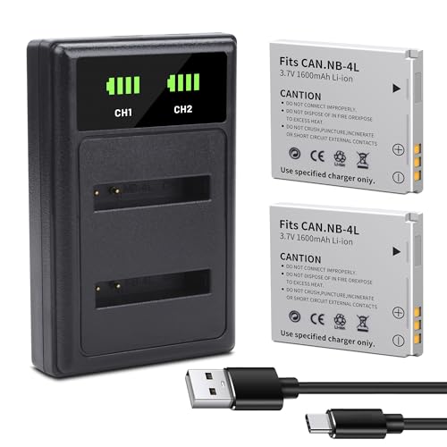2Pack NB-4L NB4L Battery with Dual Fast Charger Compatible for Canon PowerShot ELPH 100 HS 300 HS 330 HS 310 HS SD1000 SD1100 is SD1400 is SD200 SD30 SD300 SD40 SD400 SD600 SD750 SD780 is SD940 is