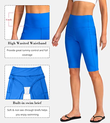 Image of SANTINY Women's High Waisted Swim Shorts with Pockets UPF50+ Long Board Swimming Shorts for Women with Liner