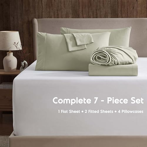 Image of Nestl Extra Deep Split King Sheet Set - 7 Piece Breathable & Cooling Sheets - Hotel Luxury Bedding Set w /18-24 Inch Deep Pockets - Easy & Secure Fit - Super Soft, Wrinkle Free & Comfy - Light Sage