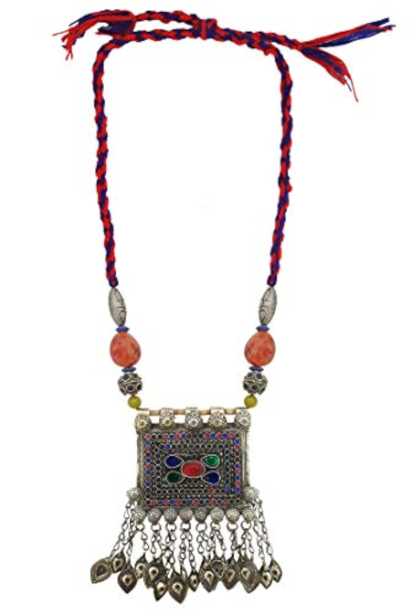 Afghani Tribal Long Necklace with Thread Cord, Bohemian Style