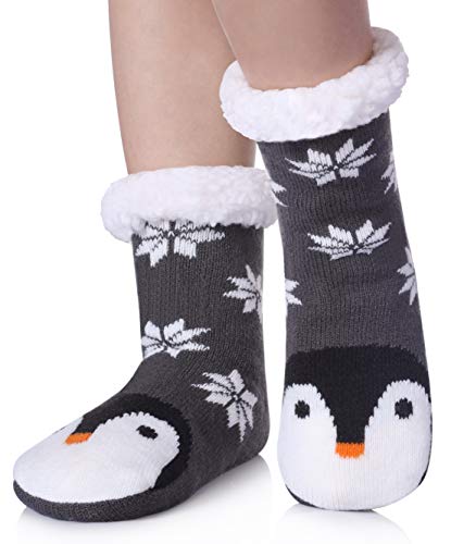 TRUEHAN Kids Girls Boys Slipper Socks Soft Thick Cozy Fuzzy Animal Anti-Slip Winter Thermal Christmas Socks Indoor (Snowflake Penguin, 4-7 Years)