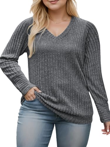 Image of VISLILY Womens-Plus-Size-Dressy-Tops Casual V Neck Long Sleeve Knit Sweater