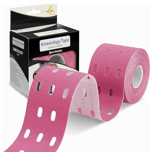 Image of PulseITSportsTape Kinesiology Tape- Waterproof & Sweatproof Sports Tape for Muscle Support, Pain Relief & Injury Recovery | Athletic Physio Tape for Knee, Shoulder, Ankle. 5cm x 5m (with Holes, Pink)