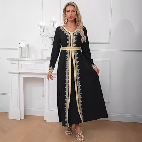 Image of FYMNSI Women Muslim Abaya Dress Islamic Dubai Modest Lace Belted Dress Abayas Kaftan Eid Prayer Clothes Arabian Maxi Robe