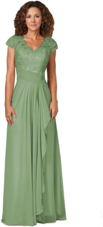 Women's Lace Applique Mother of The Bride Dresses for Wedding V Neck Long Chiffon Formal Gown