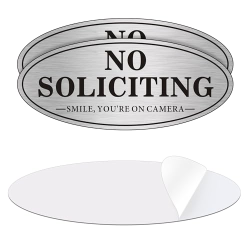 (2 Pack) No Soliciting Sign for House, Self Adhesive No Soliciting Sign for Front Door, No Solicitation Metal Sticker Signs for Home and Yard (Brushed Silver/Black, 7 x 3 inches, You're on Camera)