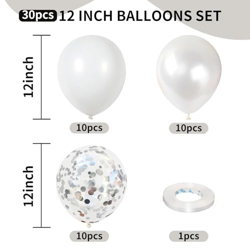 Image of White Balloons, 12 Inch Pearl Pure White Ivory Latex Balloon with Silver Confetti Balloons for Boho Birthday Baby Shower Wedding Bachelorette Retirement Valentine's Day Party Decorations