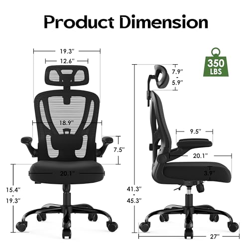 Office Chair Ergonomic Desk Chair - Mesh High Back Office Chair with Headrests Wheels Lumbar Support Home Desk Office Chairs Flip up Armrest Executive Rolling Swivel Task Computer Chair Black - Image 4
