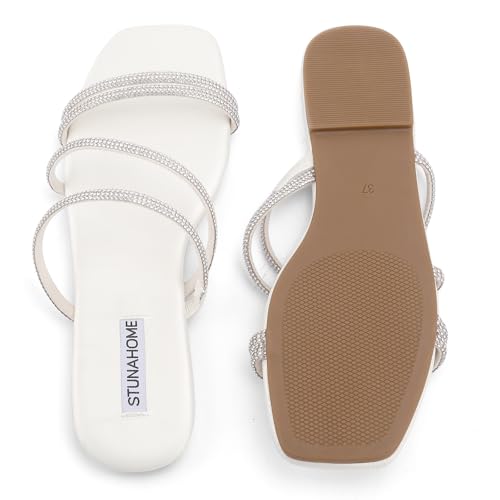 Image of STUNAHOME Women's Rhinestone Thong Flat Sandals Open Toe Slide Sandals with Square Toe Bling Strap