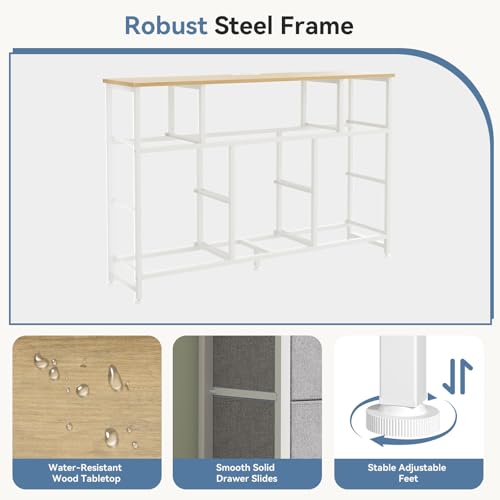 Image of DUMOS TV Stand Dresser with 8 Fabric Drawers and Open Shelves, LED Entertainment Center with Charging Station, Wood Top Media Console for 45-55 inch, Bedroom, Light Grey