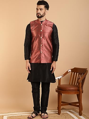 Image of SOJANYA (Since 1958 Men's Silk Blend Kurta Pyjama & Self Design Nehru Jacket Combo