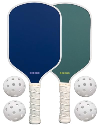 Recess Pickleball Starter Set, Premium Pickleball Paddles Set of 2 & Four (4) Pickle Balls - Strong & Durable Fiberglass, Lightweight, Honeycomb Core & Comfort Grip Handles - Perfect for Beginners