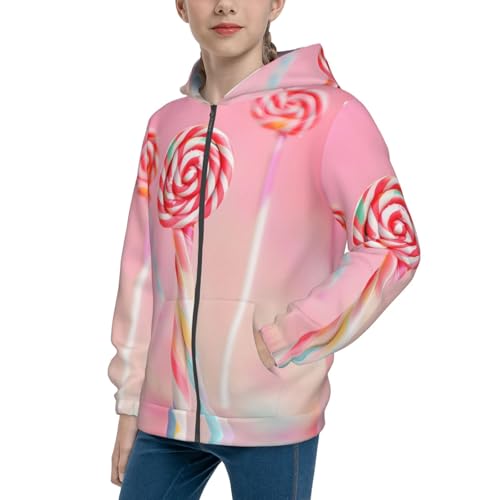 Colorful lollipop Print Girls Athletic Zip Up Hoodies,Sweatshirts with Pockets Long Sleeve Hooded Jackets, for 7-18 Y