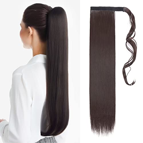 TESS Clip In Ponytail Hair Extensions Brown 23 Inches, 4A Dark Brown Straight Hair Extensions Clip In Ponytail 90g Fake Extension