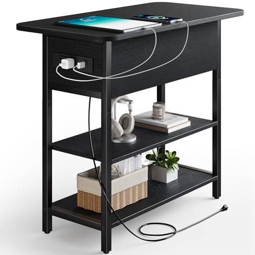 Yoobure End Table with Charging Station, Flip Top Side Table with USB Ports and Outlets, Sofa Couch Table Bedside Table for Living Room Bedroom, Narrow Nightstand with Storage Shelves for Small Space