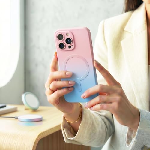 Image of amazon basics Gradient Mag-Safe Case for iPhone 12 Pro Max | Soft Silicone Shockproof Cover with Camera Protection | Slim Lightweight Design | Smooth Touch & Durable - Pink & Blue