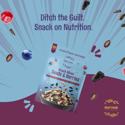 Image of Khari Foods Seeds Berries Snack Trail Mix, 6 in 1 Mix, Roasted Pumpkin, Sunflower, Watermelon Seeds, Cranberries, Black Raisins, Blueberries, Fibre & Protein Rich, No Palm Oil (400g)
