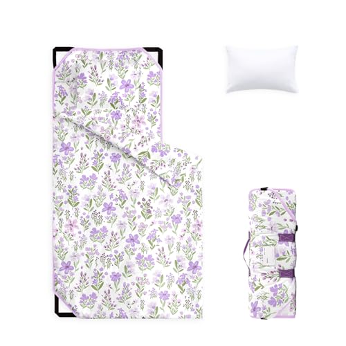 Image of Wake In Cloud - Cot Nap Mat with Pillow and Blanket, for Toddler Kids Girls Ages 3 Plus in Daycare Kindergarten Preschool with Elastic Corner Straps, Floral Botanical Flowers