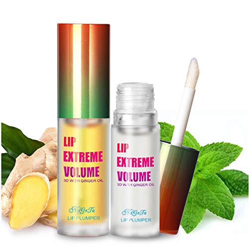 2Pcs Lip Plumper Gloss Kit, Ginger Mint Lip Serum Plumping Lip Balm Makeup Moisturizes Plump Volume Eliminate Dryness Wrinkles Lipstick Treatment, Day & Night Lip Plumper Kit
