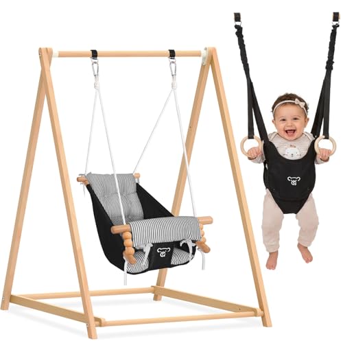 2-in-1 Baby Jumper & Swing Montessori Wooden Toddler Swing Set with Stand for Indoor/Outdoor Baby Bouncer Jumper & Hammock Swing with 5-Point Harness Suitable for Children Ages Up to 3 Yrs