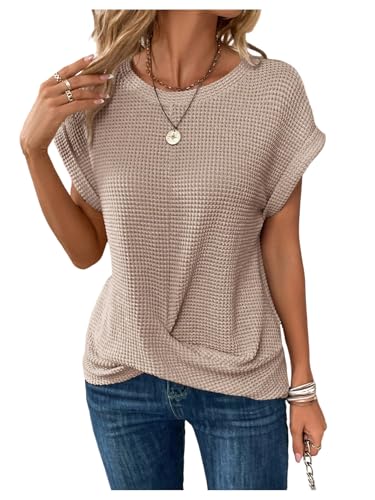 Floerns Women's Crew Neck Twist Front T Shirts Cap Sleeve Waffle Knit Casual Tee Tops