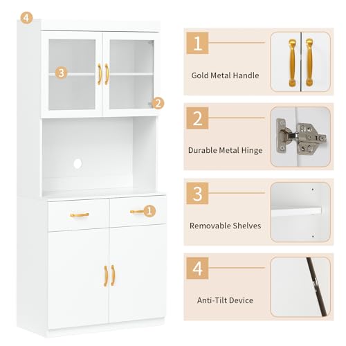 VOWNER Credenza Cucina Alta, Cucina Dispensa, Mobile Buffet, Mobile Dispensa con 4 Armadietti, Armadio Dispensa, 2 Ripiani Regolabili, MDF, 80L x 40W x 181H cm (Bianco) - immagine 6