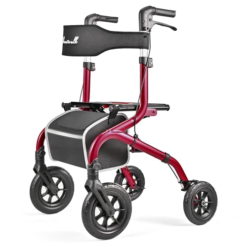 Foldable Rollator Walker: 10" & 8" All-Terrain Wheels, 300lb Capacity, Treaded Rubber Tires, Breathable Seat & Backrest, Lightweight Mobility Aid for Seniors, Red