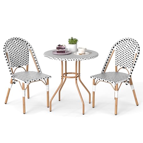 Tangkula 3 Piece French Bistro Table Chair Set Outdoor Wicker Round Table & 2 Dining Chairs with Metal Support Outside Accent Dining Furniture Set for Garden Balcony Porch