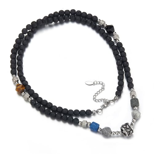 Mens Long Beaded Necklace Natural Stone Bead Necklace with Pendant Costume Jewelry Birthday Gifts for Men