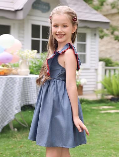 ODOLDI Kids Girls Back to School Dress Denim Style Flutter Sleeve Square Neck Embroidered Ruffle Dress4