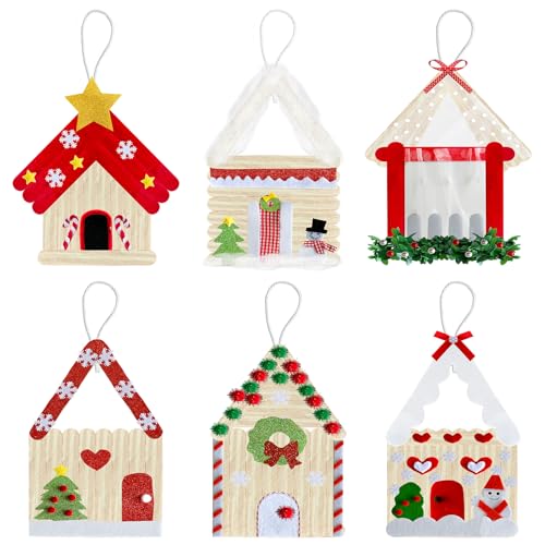 Yoloodayy 12 Set Christmas Craft Kits Popsicle Stick Christmas Ornaments 6 Designs DIY Popsicle Stick Xmas House Decorations Art Craft Supplies for Xmas Holiday Classroom Activities Party Favors
