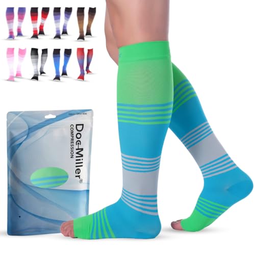 Image of Doc Miller Open Toe Compression Socks for Women & Men - 20-30 mmHg Knee High Compression for Swelling, Varicose Veins & Leg Pain - Wide Calf Toeless Design for Work, Travel & Everyday Wear - 1 Pair