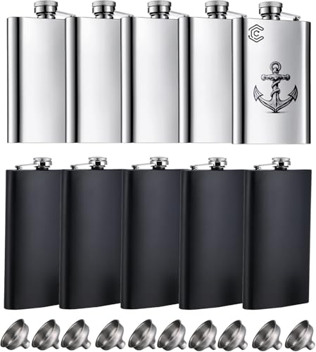 Creatorally Flasque a Alcool, Lot 10 Flasques Whisky de Poche Inox, Flask Personnalisable 8 Oz/230 ml, Gravable pour Garcon d’Honneur Souvenir de Mariage avec Entonnoir (Noir Mat et Acier Inoxydable)