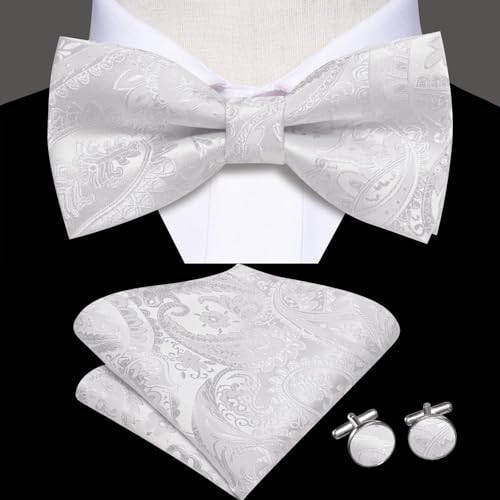 Image of Hi-Tie Bow Tie Men Pre Tied Bowtie Pocket Square Cufflinks Lapel Pin Formal Wedding Bow Ties for Men Party Tuxedo Bowtie Set,White Paisley Floral