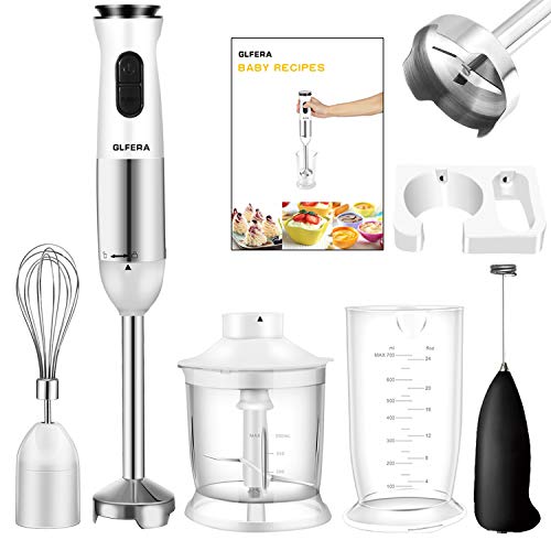 GLFERA 6-in-1 Immersion Hand Blender - 12-Speed Corded Blender with 500ml Food Chopper 700ml Container Whisk Milk Frother Blender Holder - Stainless Steel Stick Blender for Smoothies