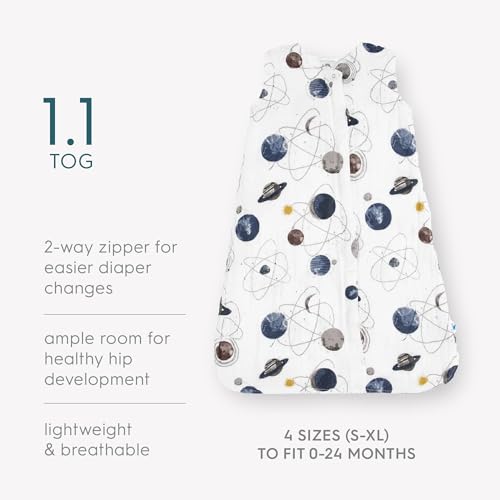 Image of Little Unicorn 0-6 Month Premium Muslin Sleep Sack 1.1 TOG | Soft & Breathable Muslin Cotton for safer sleep | 2 way zipper (Planetary)