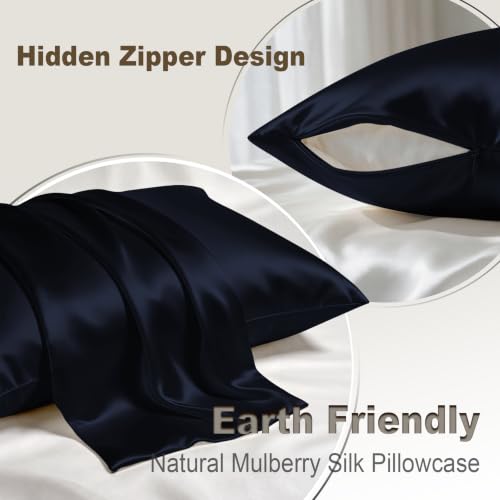 Image of LYSHIN Silk Pillow Cases 2 Pack King Size with Zipper, Navy Blue | 19 Momme Mulberry Silk Pillowcase for Skin and Hair, Anti-Acne, Hypoallergenic, Cooling, Beauty Sleep, Gifts for Women