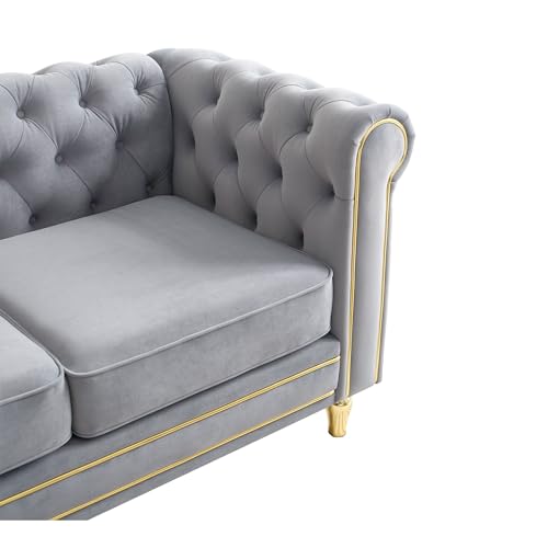 Image of KEIKI 85 inch Chesterfield Velvet Tufted Button Sofa with Deep Seat Cushions and Rolled Arms, Modern 3-Seater Couch Decorated with Gold Strip, Easy Assembly, for Living Room, Bedroom, Office, Light Grey