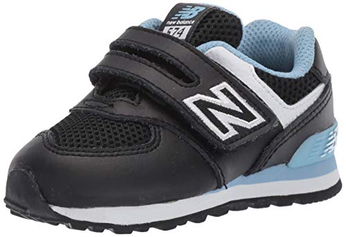 New Balance Kid's 574 V1 Leather Hook and Loop Sneaker, Black/Summer Sky, 4 M US Toddler