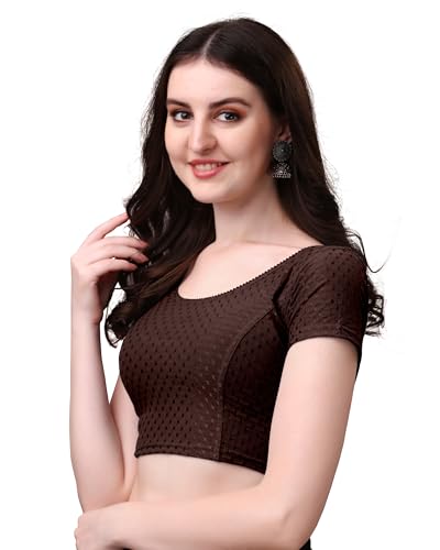 Image of Mogsa Stylish Cotton Saree Blouse for Women | Soft Dobby Stretch Fabric | Round Neck | Stitched Blouse for Party, Casual & Festive Use