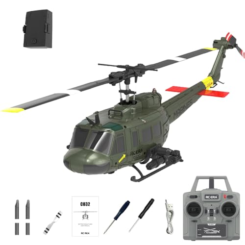 NBJIALIN RC ERA C032 UH-1 Huey Helicopter - Remote Control Helicopters for Adult, 1/48 Sacle 2.4G 6CH Gyro Stabilized Aircraft with Altitude Hold & Optical Flow,3D Stunt Drone (Green)