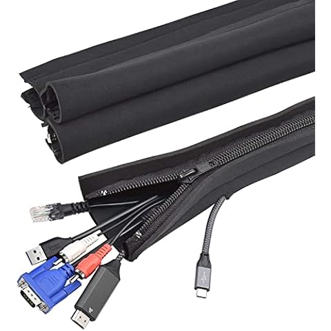 YOSH Cable Tidy Management Zip Wire Sleeves, Waterproof &Dust Proof Neoprene Fabric Prevent Chewing, Under Desk Cables Cord Organizer for PC/TV/Ethernet at Home/in Office - 50cm*2+100cm*2 Black Cover