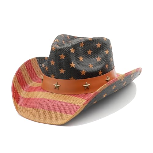 Image of Mens Straw Cowboy Hat Unisex Western Beach Sun Hat for Men Women Wide Brim Fedora Hat Cowgirl Hats Summer Panama Hat
