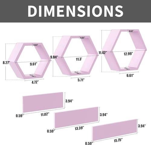 Image of Wooden Floating Shelves Wall Mounted - Set of 6 Hexagon Shelves Display for Photos,Plants,Rustic Honeycomb Shelves for Living Room, Bedroom,Bathroom, Kitchen, Office (Pink)