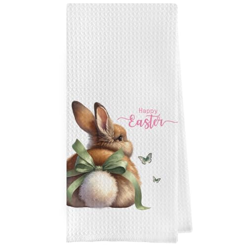 Geqtt Paños de cocina de conejo de Pascua – Paños de cocina decorativos de tela gofre de Pascua verde coqueta divertida, paños de cocina de mano de conejo, regalos de Pascua, feliz Pascua (16 x 24