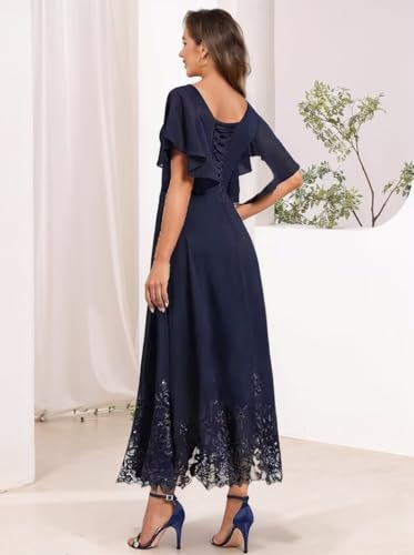 Women's Tea Length Mother of The Bride Dresses Lace Applique Ruffles Formal Evening Party Dress DE5683