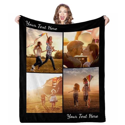AOFUN Personalized Photo Blanket, 4 Photos Custom Blankets Photo Blankets Customize for Mom Grandma Wife Women from Daughter Son Husband, 8 Sizes