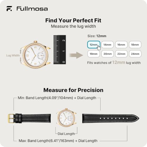 Image of Fullmosa 12mm Quick Release Leather Watch Band | Traditional Smartwatch Replacement Strap for Women Formal Daily Commute, Black&Golden Buckle
