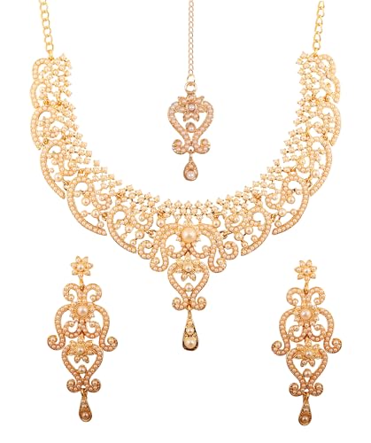 Touchstone Indian Bollywood Fine Filigree White Faux Pearls Grand Bridal Jewelry Necklace Set In Antique Gold Tone For Women.